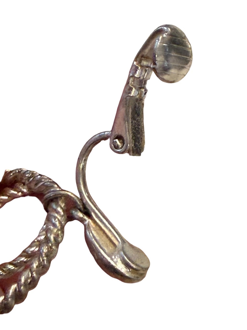 Silver Tone Dangle Earrings Clip On Twisted Rope Style Faux Pearls Office Formal - Picture 5 of 8